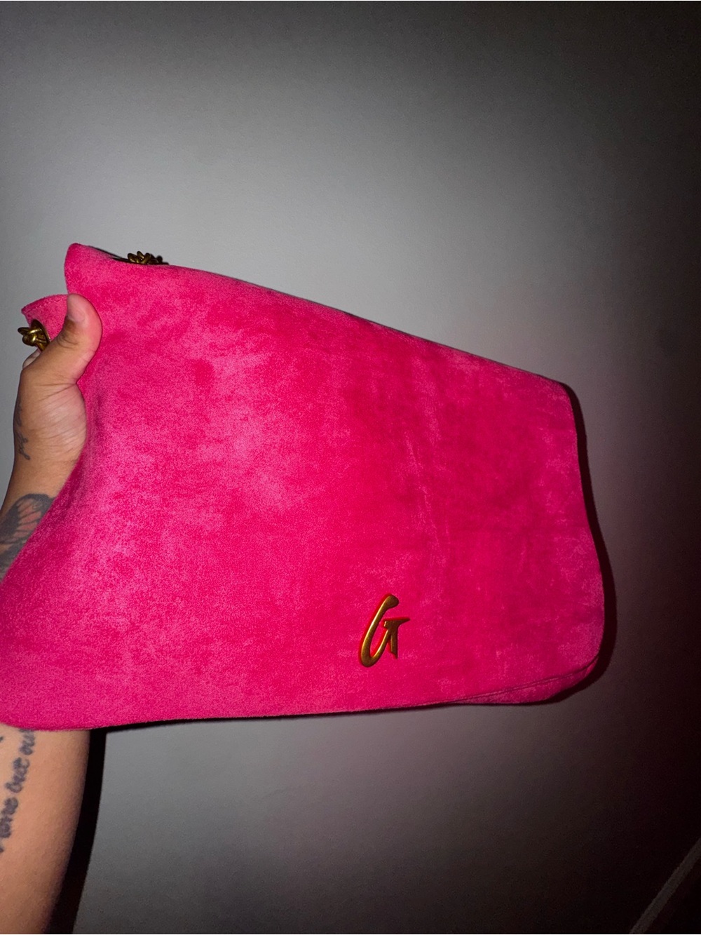 Suede Shoulder Clutch in Bright Fuchsia with Gold Accent
